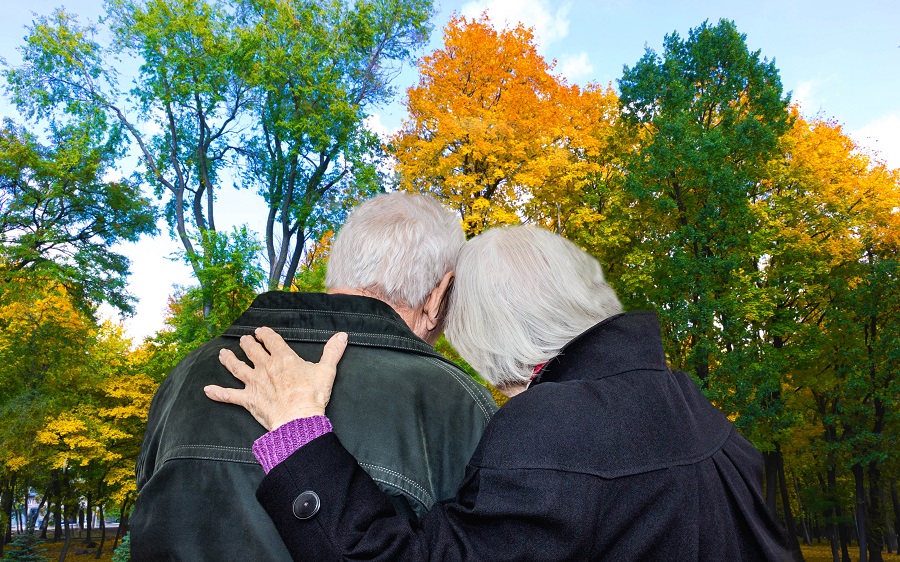 Ett äldre par håller om varandra sedda bakifrån.