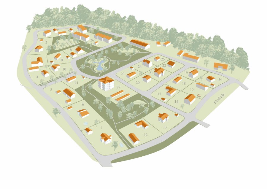 Illustration av villaområdet Gustavslund. Bilden är ritad i dator. Vägar, parker, villatomter och byggrätter för flerfamiljshus har illustrerats som en flygbild i sommartid. Husen är vita med röda tak.