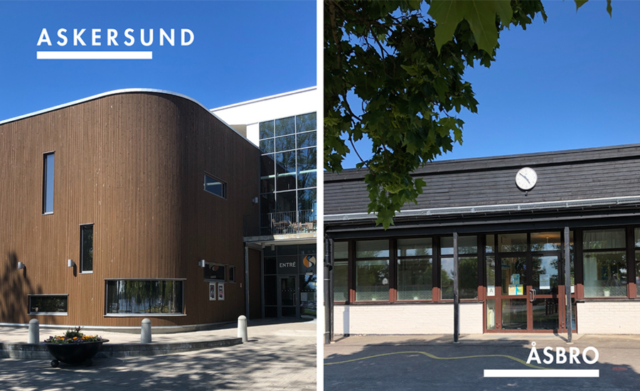 Tvådelad bild. Till vänster fasad och entrédörr till Askersunds bibliotek. Till höger fasad och entrédörr till Åsbro bibliotek.