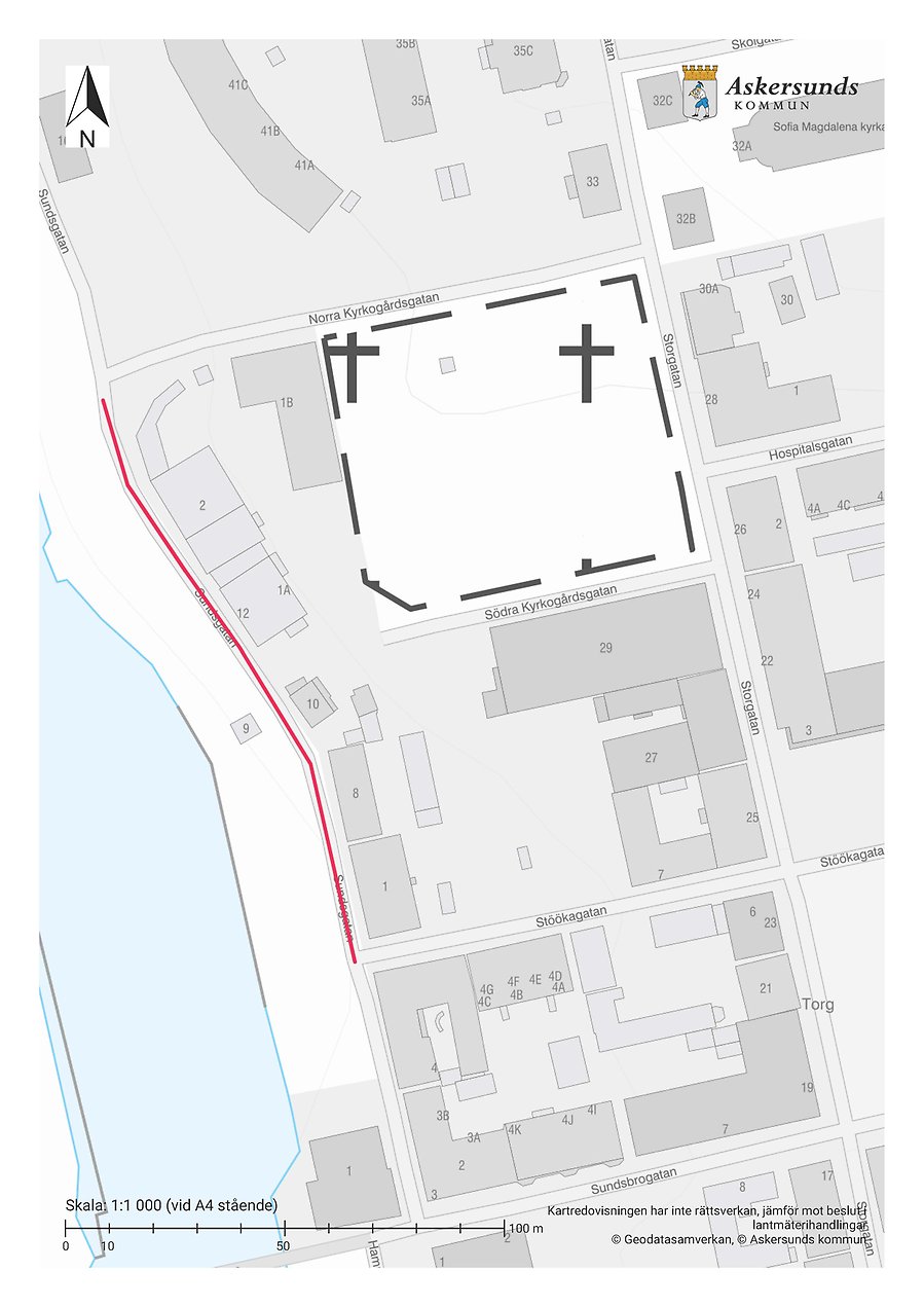 Kartskiss som visar avstängningen av Sundsgatan.